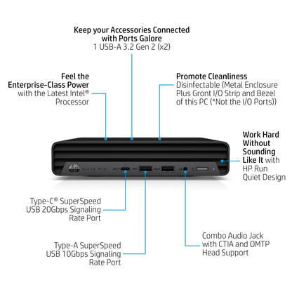 622R2ET#ABU HP Elite Mini 800 G9 Intel® Core™ i7 i7-13700T 16 GB DDR5-SDRAM 512 GB SSD Windows 11 Pro Mini PC Black